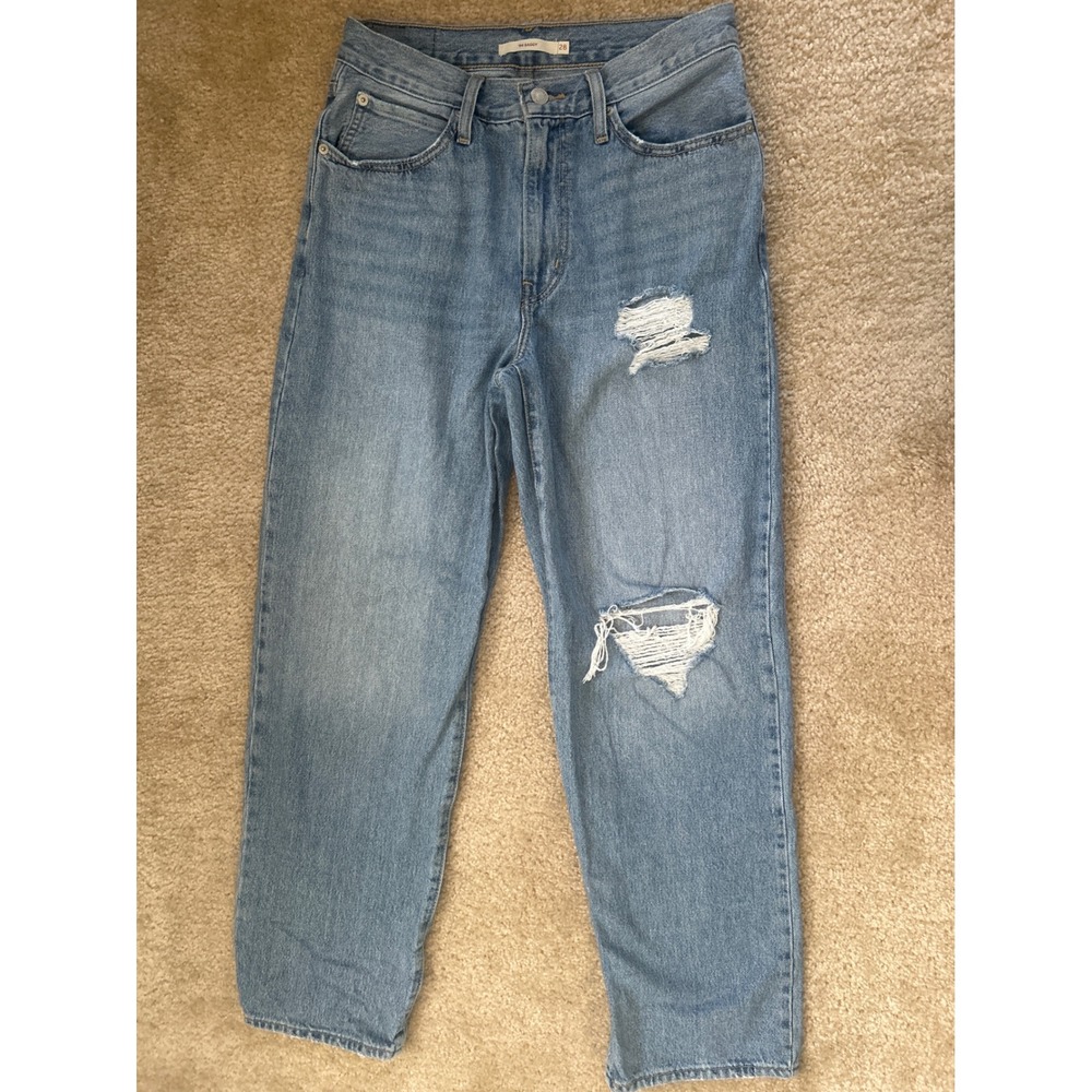 Levis 94 Baggy Distressed Light Wash High Rise Straight Leg Jeans Size 28